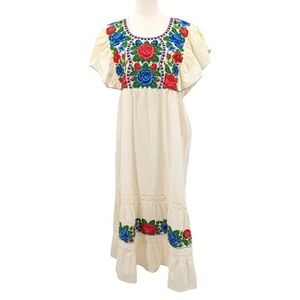 Durga EG Embroidered Mexican Maxi Dress Cream Floral Size XL